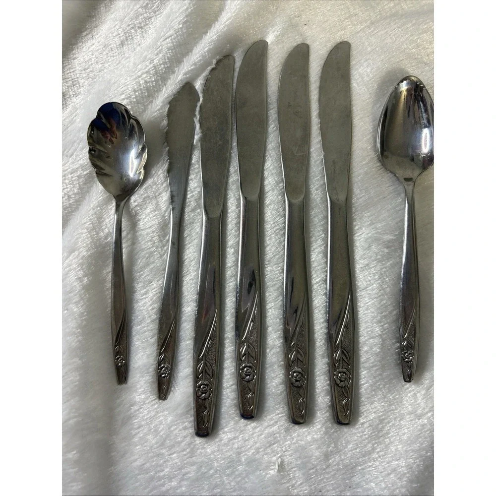 Vintage American Stainless USA 'IS'  14 Piece Lot Of Floral‎ Design Dinner Wear